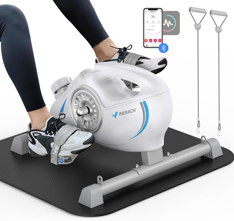 Merach Under Desk Bike Pedal Exerciser, Quiet Magnetic Mini Exercise Bike with App for Arm, Leg Recovery, Physical Therapy, Smooth Foot Desk Cycle with 2 Resistance Bands & Non-Slip Mat - Image 1